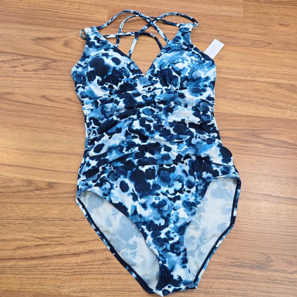 KI LAPHEE One Piece Swimsuit‎ Women size S Blue abstract Ruched Tummy plunge NEW